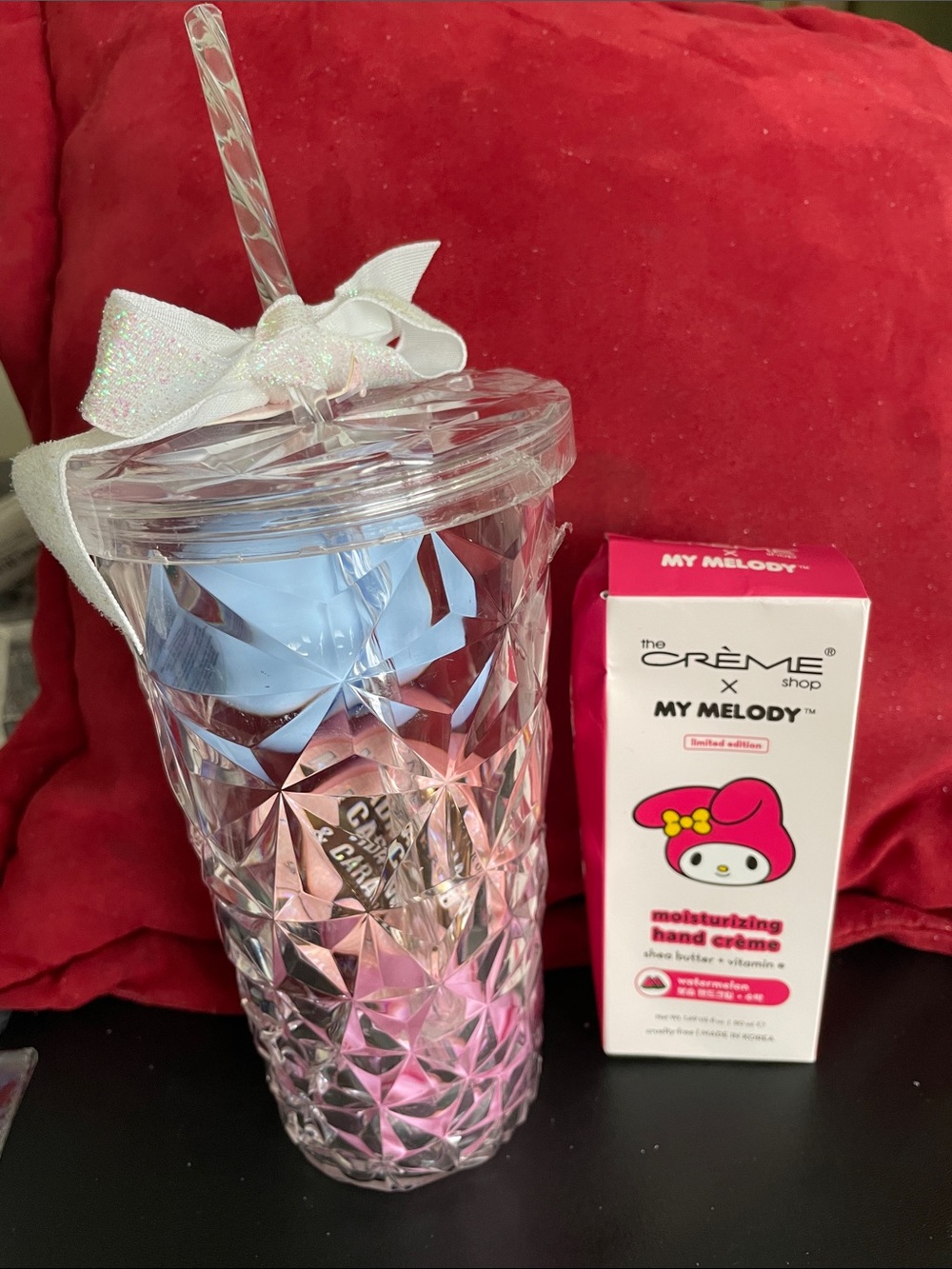 Celestial Glow 3 Pc Body Scrub Set In Clear Tumbler & The Crème Shop Hand Cream